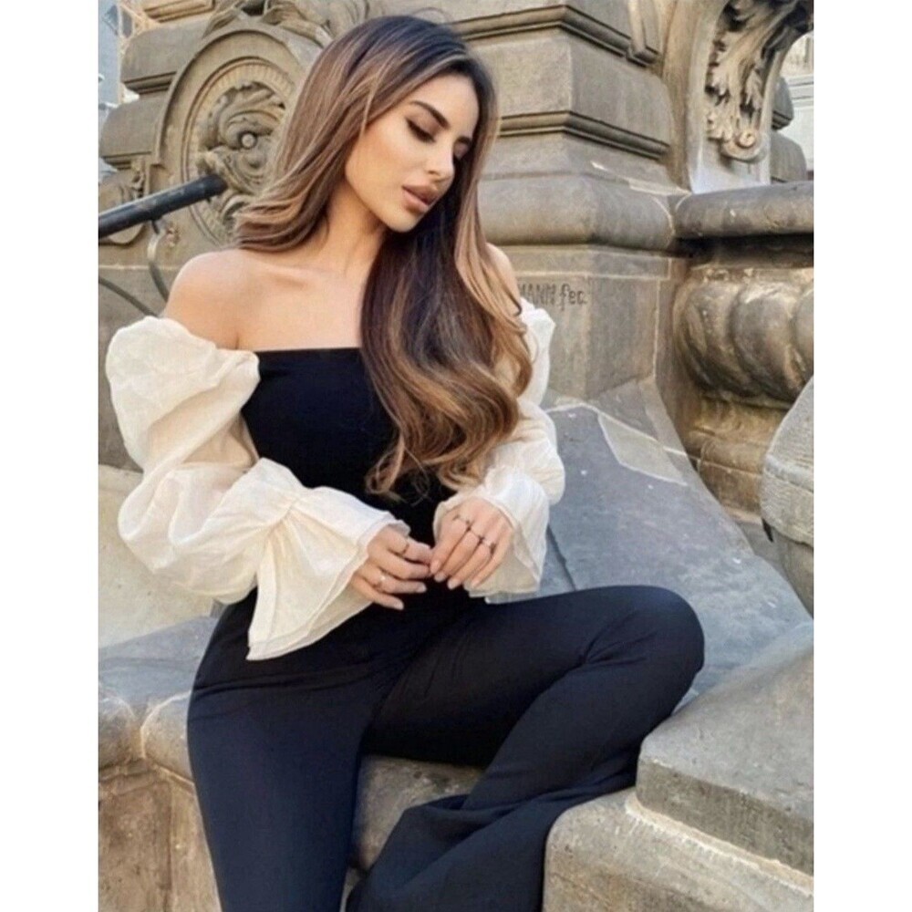 VESTIQUE KNIT SWEATER SMALL ORGANZA PUFF SLEEVES BLACK CREAM ROMANTIC MODERN